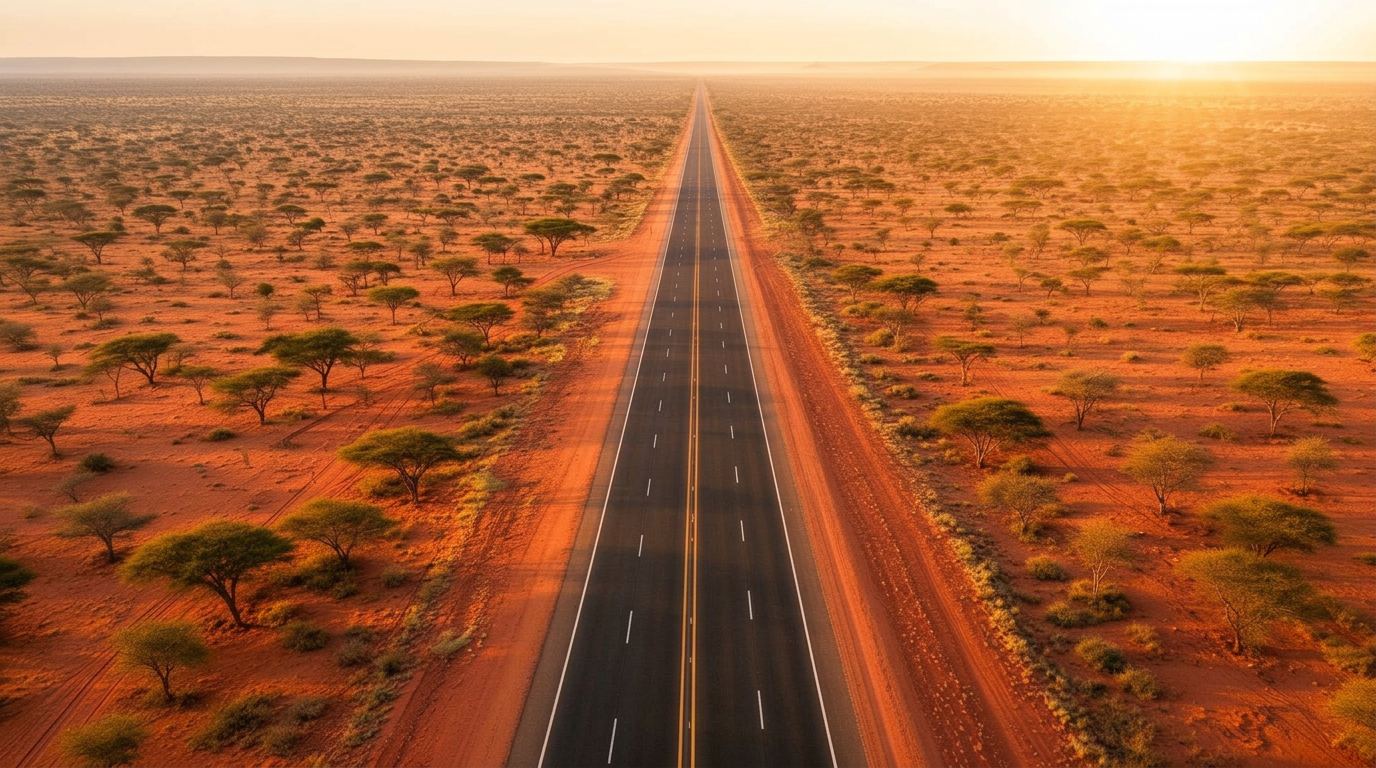 Aerial view of the Trans Kalahari Corridor highway crossing the Botswana savanna
