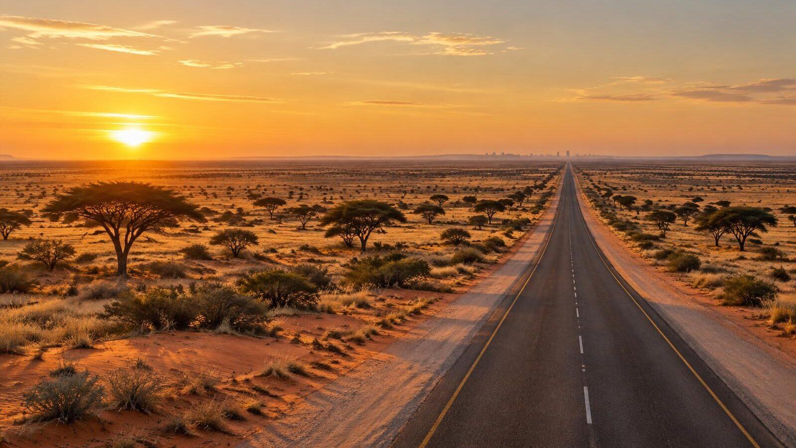Golden hour over the Kalahari savanna in Ghanzi District, Botswana, with red sand grassland, scattered acacia trees and a straight highway running toward a faint city skyline on the horizon